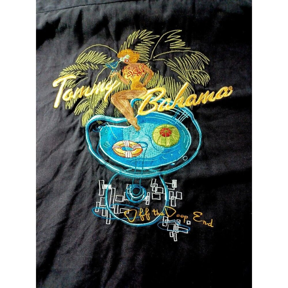 Tommy Bahama Shirt Mens Medium Black Silk Hawaiian Camp M "Off The Deep End"